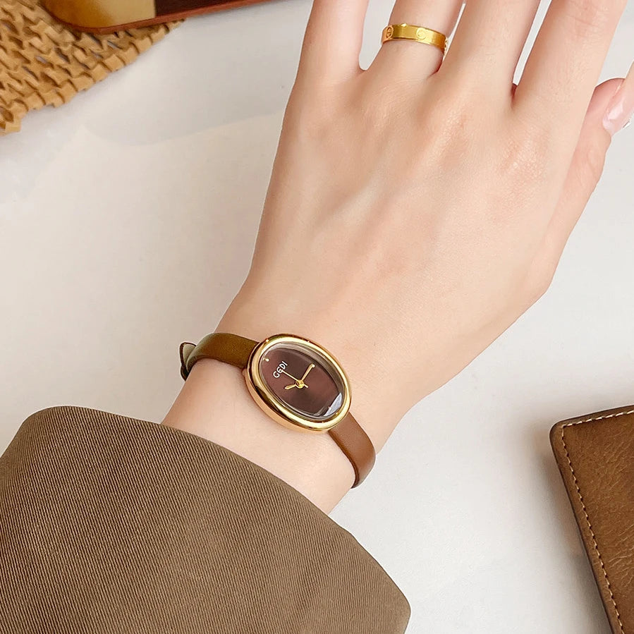 GEDI Vintage Women's Watch Oval Dial Quartz Watches For Woman Brown Leather Strap French Romantic Elegant Ladies Wristwatch