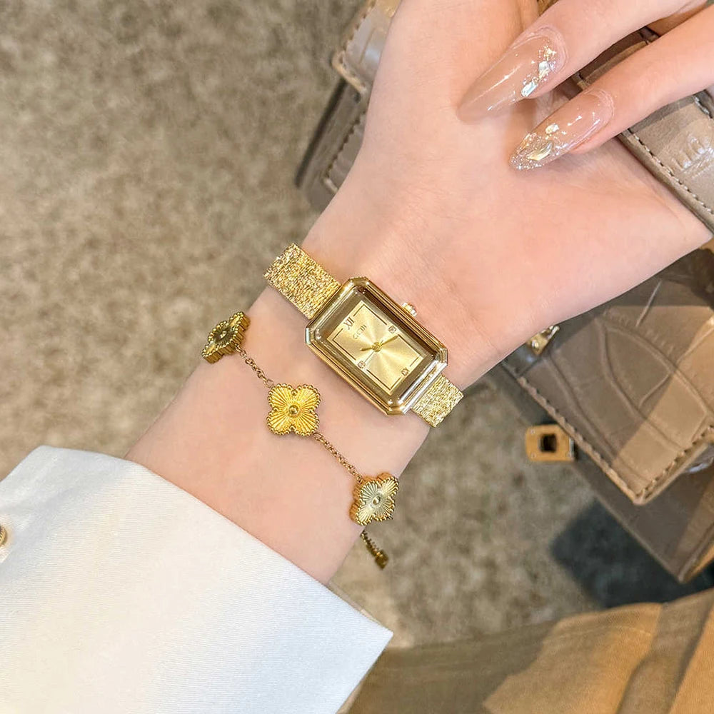 GEDI Gold Vintage Women's Watch Small Square Dial Ladies Daily Dress Quartz Wristwatch Retro Steel Strap Fashion Accessory Gift