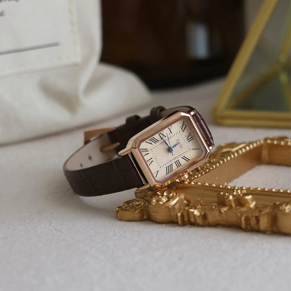 GEDI Vintage Women's Watches Elegant Retro Roman Numerals Quartz Wristwatch Leather Strap Square Ladies Watch for Daily Wear