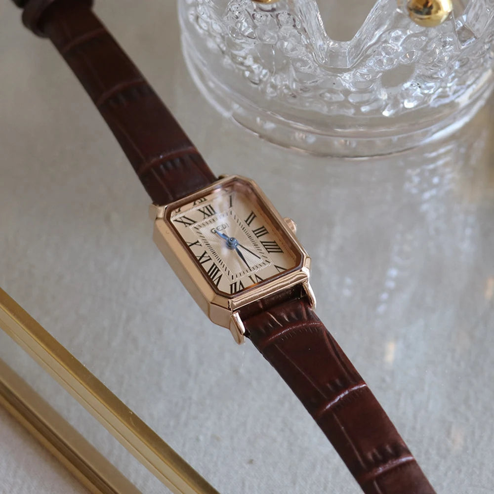 GEDI Vintage Women's Watches Elegant Retro Roman Numerals Quartz Wristwatch Leather Strap Square Ladies Watch for Daily Wear