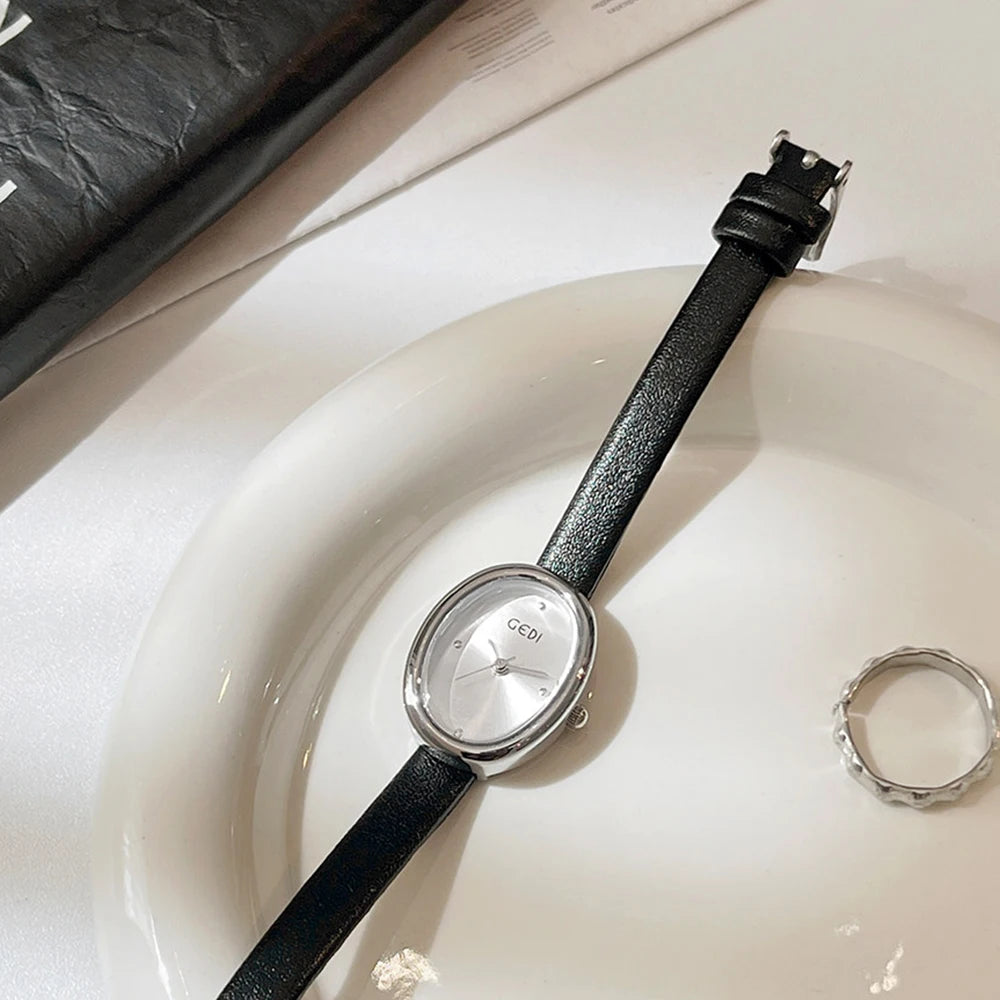 GEDI Vintage Women's Watch Oval Dial Quartz Watches For Woman Brown Leather Strap French Romantic Elegant Ladies Wristwatch