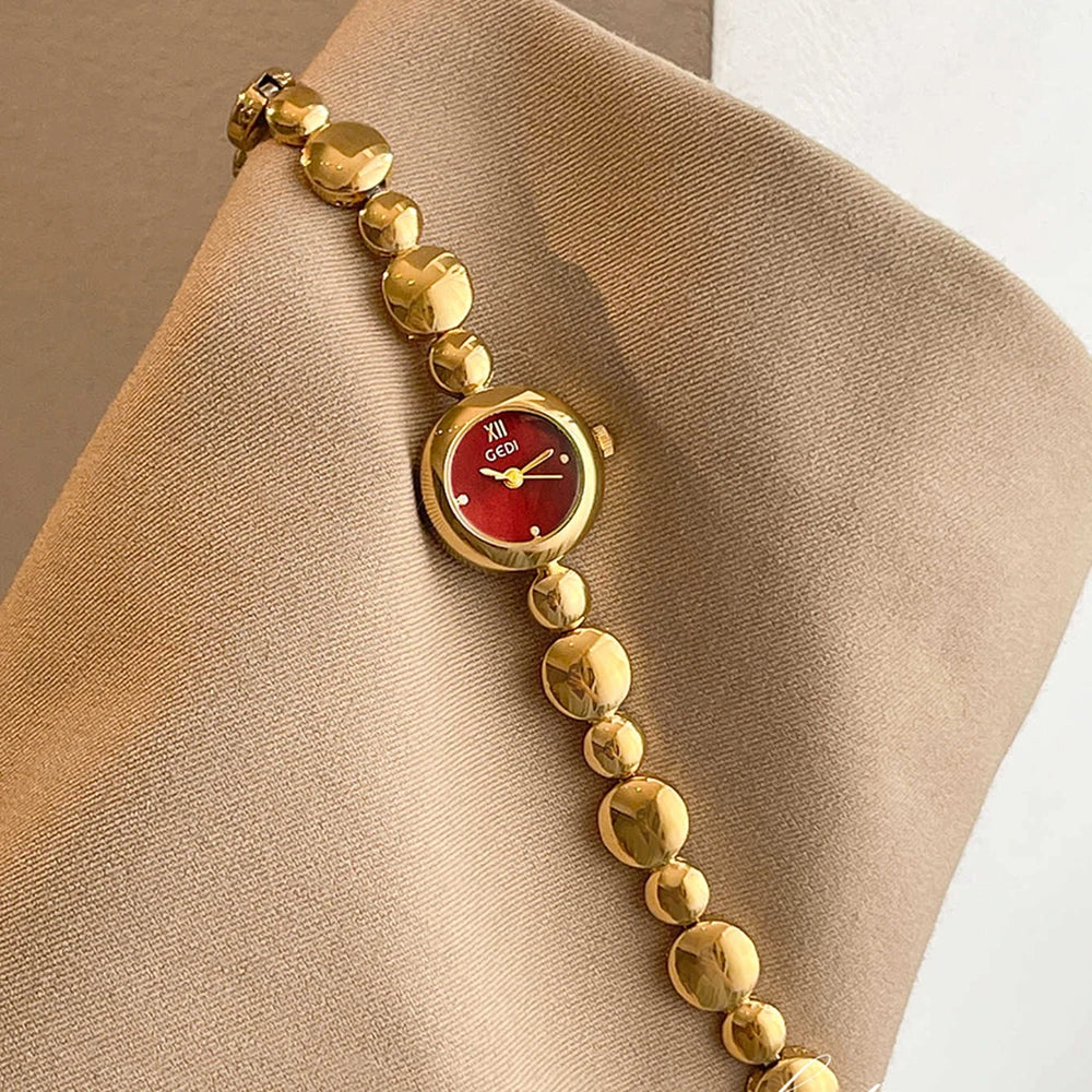 GEDI 2026 New Woman Watch Luxury Vintage Red Round Dial Quartz Watches, Gold Bracelet Ladies Quartz Wristwatch Elegant