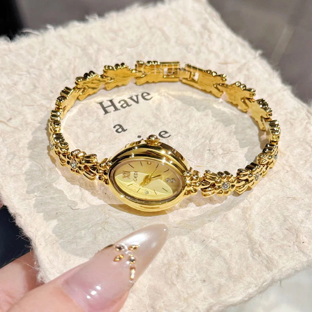 GEDI Gold Bracelet Wrist Watch Women Elegant Oval Dial Diamond-Embedded Quartz Ladies Watches Luxury Niche Ladies Dress Watch