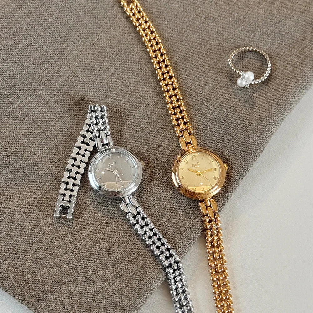 GEDI Vintage Watches for Woman Silver Beaded Bracelet Elegant Small Dial Quartz Ladies Watch Dainty Female Daily Accessory Clock
