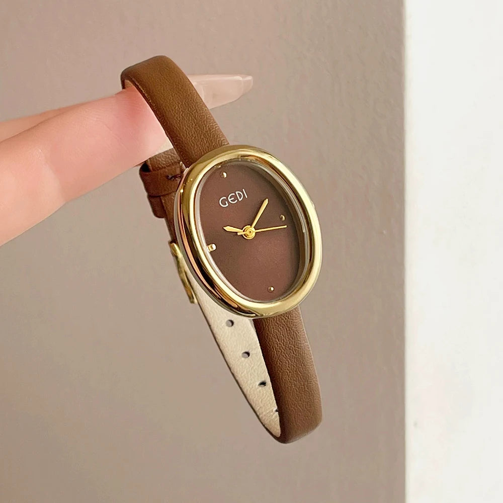 GEDI Vintage Women's Watch Oval Dial Quartz Watches For Woman Brown Leather Strap French Romantic Elegant Ladies Wristwatch