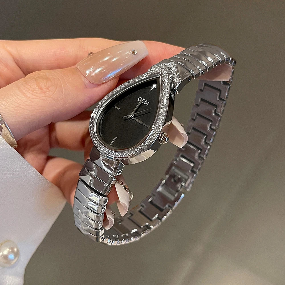 GEDI Exquisite Elegant Women's Watches Droplet-shaped Rhinestones Dial Fashion Ladies Small Quartz Watch Luxury Gold Bracelet