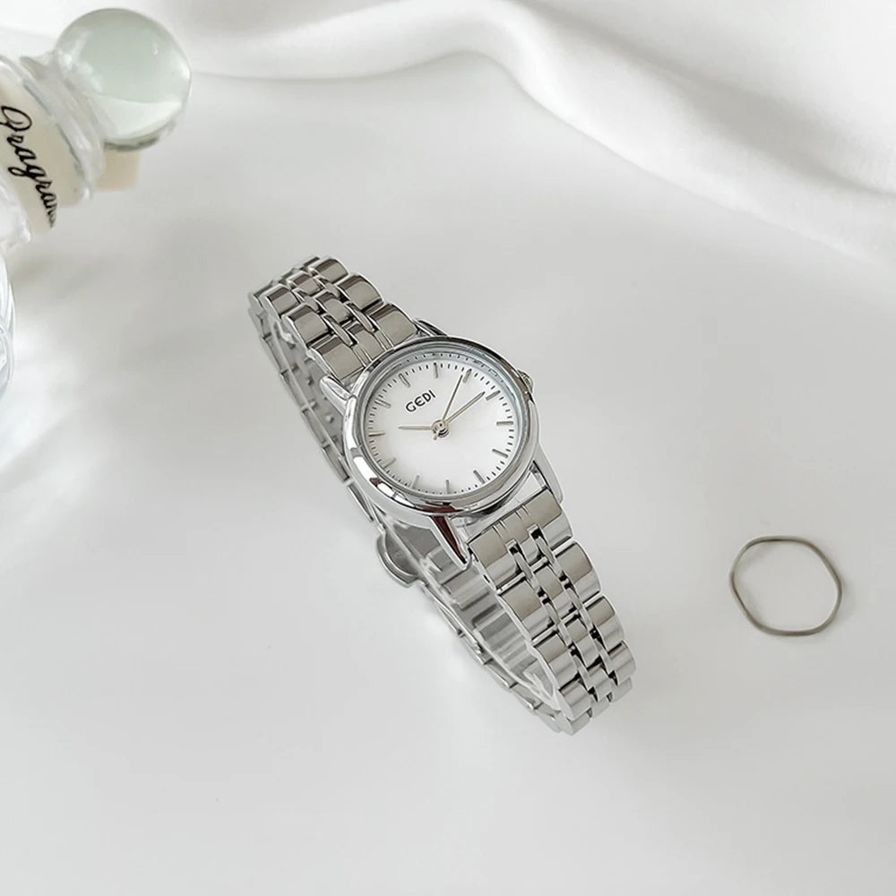 Gedi Watches Woman Stainless Steel Simple Fashion Quartz Watch Ladies Minimalist Wristwatch Silver Clock Valentine's Day Gift