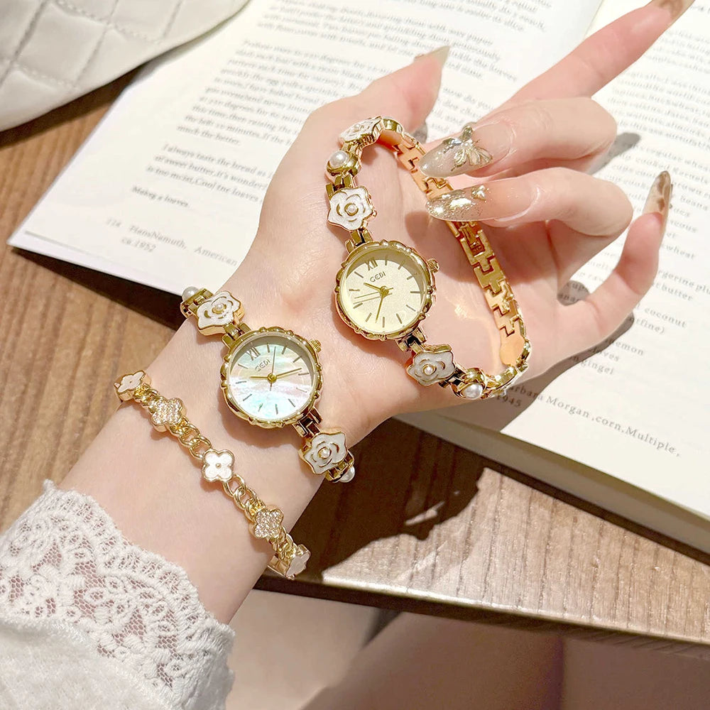 Camellia Flower Watches For Woman GEDI Brands Original Gold Bracelet Elegant Dress Quartz Women's Watches Valentine's Day Gift
