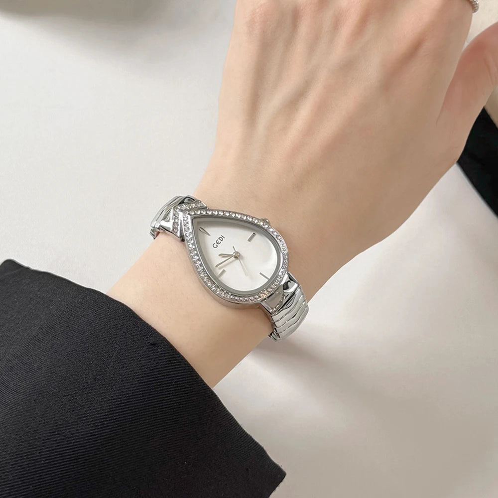 GEDI Exquisite Elegant Women's Watches Droplet-shaped Rhinestones Dial Fashion Ladies Small Quartz Watch Luxury Gold Bracelet