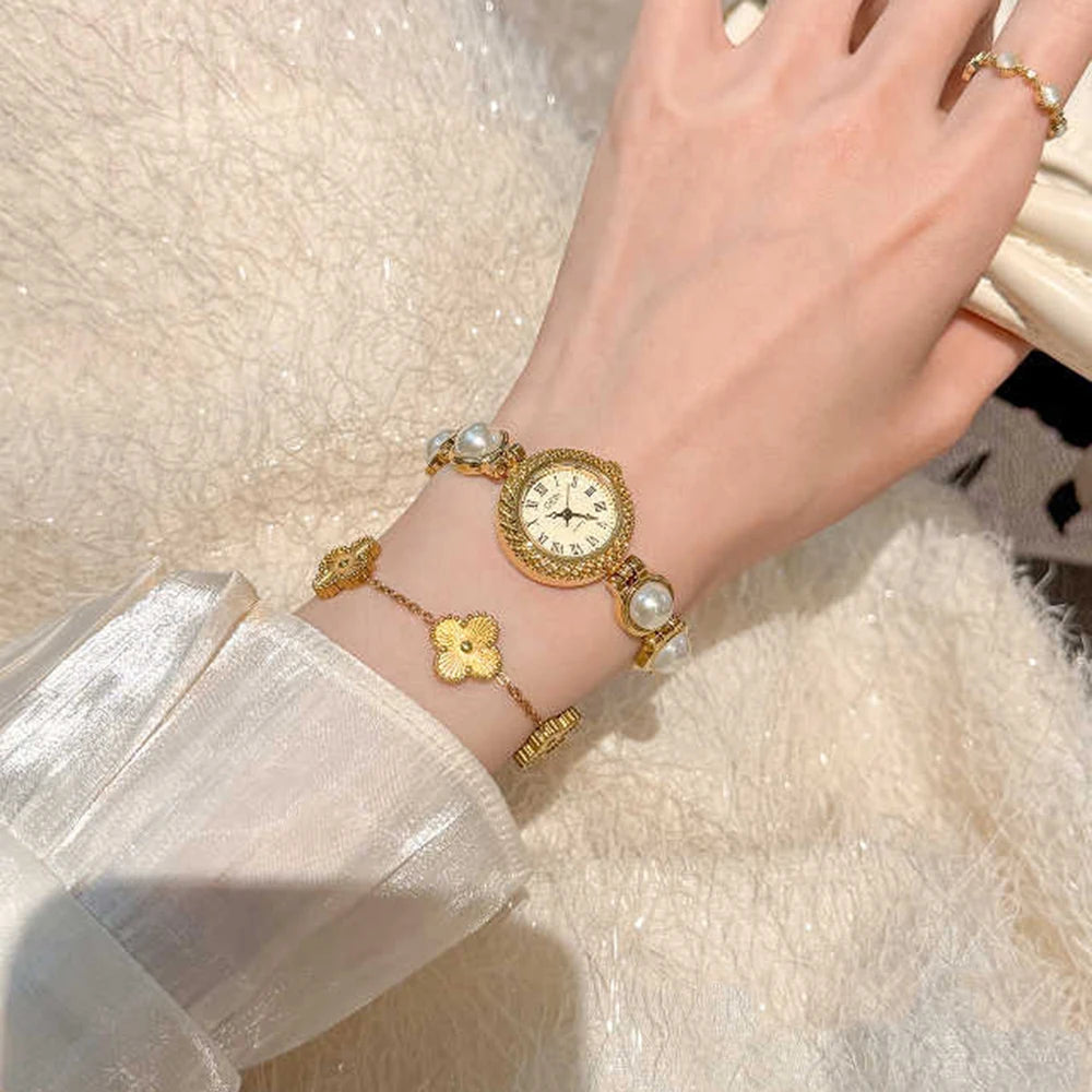 Vintage Watches Women GEDI Elegant Gold Roman Numerals Pearl Bracelet Ladies Fashion Dress Watch Girlfriend Gifts Reloj Mujer
