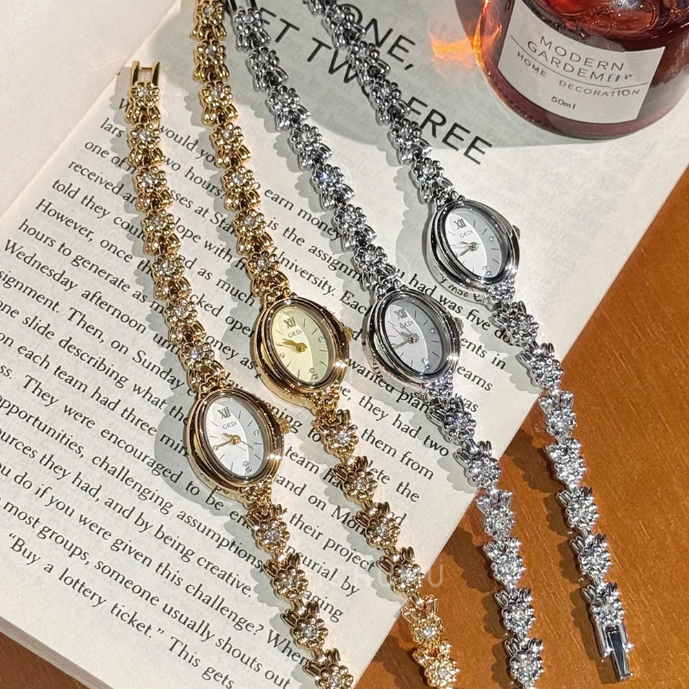 GEDI Gold Bracelet Wrist Watch Women Elegant Oval Dial Diamond-Embedded Quartz Ladies Watches Luxury Niche Ladies Dress Watch