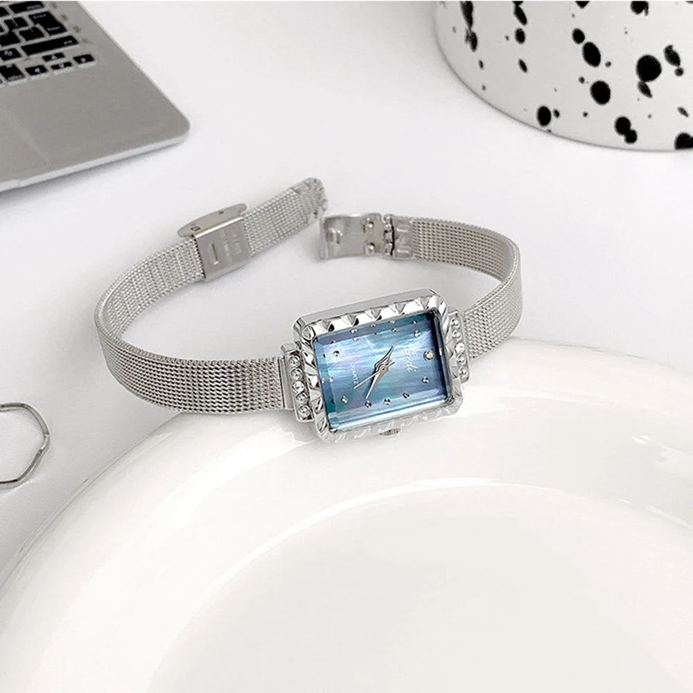 GEDI New Luxury Square Women's Watch Fashion Mother of Pearl Dial Rhinestone Ladies Watch Mesh Strap Casual Business Bracelet