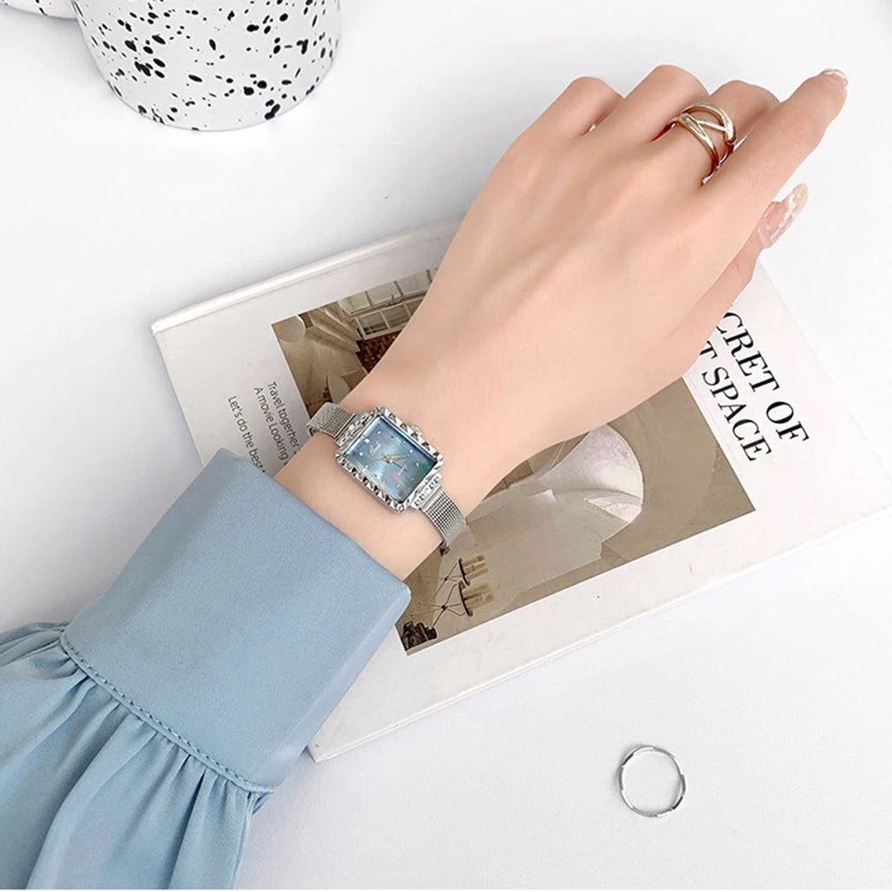 GEDI New Luxury Square Women's Watch Fashion Mother of Pearl Dial Rhinestone Ladies Watch Mesh Strap Casual Business Bracelet