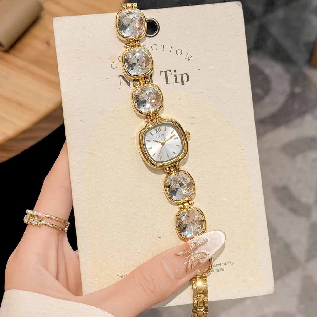 GEDI Woman Watches Luxury Crystal Bracelet Gold Plated Square Dial Quartz Women Watch Fashionable Wristwatch Gifts