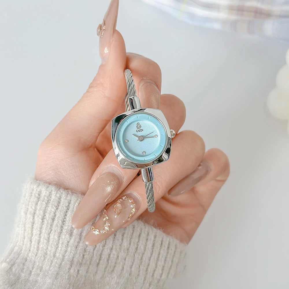 GEDI Luxury Watches For Woman Light Blue Dial Stainless Steel Twisted Bangle Wristwatch Elegant Ladies Silver Bracelet Watch