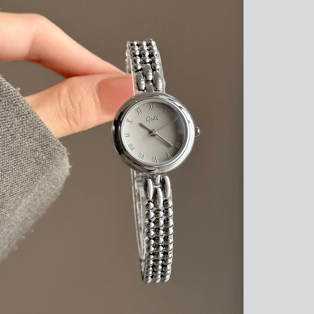 GEDI Vintage Watches for Woman Silver Beaded Bracelet Elegant Small Dial Quartz Ladies Watch Dainty Female Daily Accessory Clock
