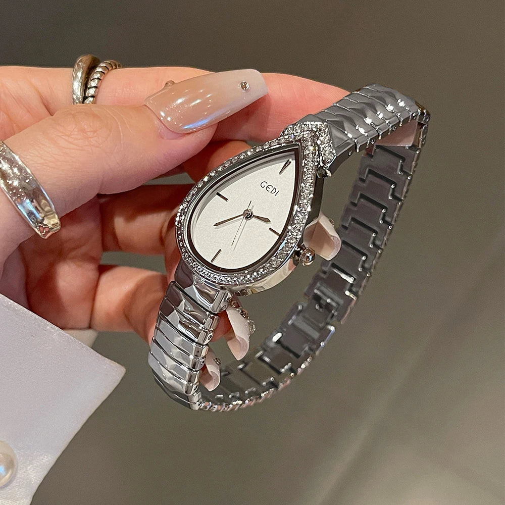 GEDI Exquisite Elegant Women's Watches Droplet-shaped Rhinestones Dial Fashion Ladies Small Quartz Watch Luxury Gold Bracelet