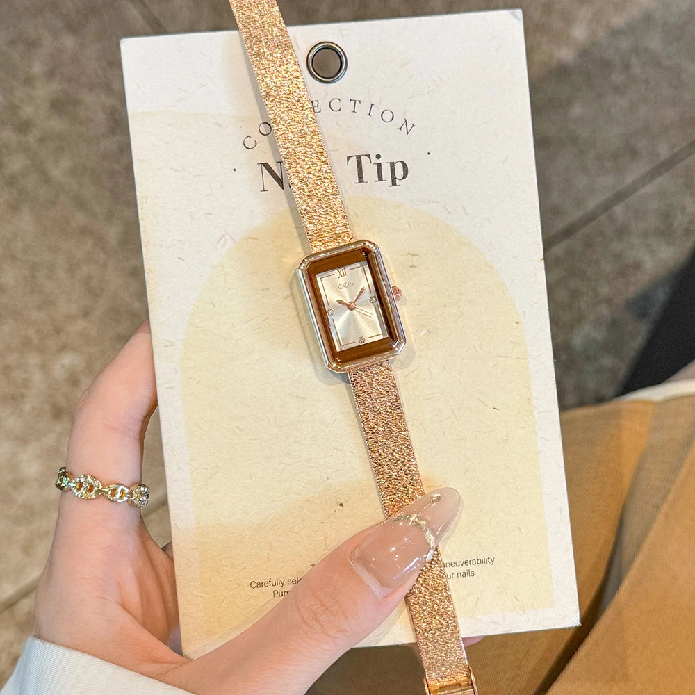 GEDI Gold Vintage Women's Watch Small Square Dial Ladies Daily Dress Quartz Wristwatch Retro Steel Strap Fashion Accessory Gift