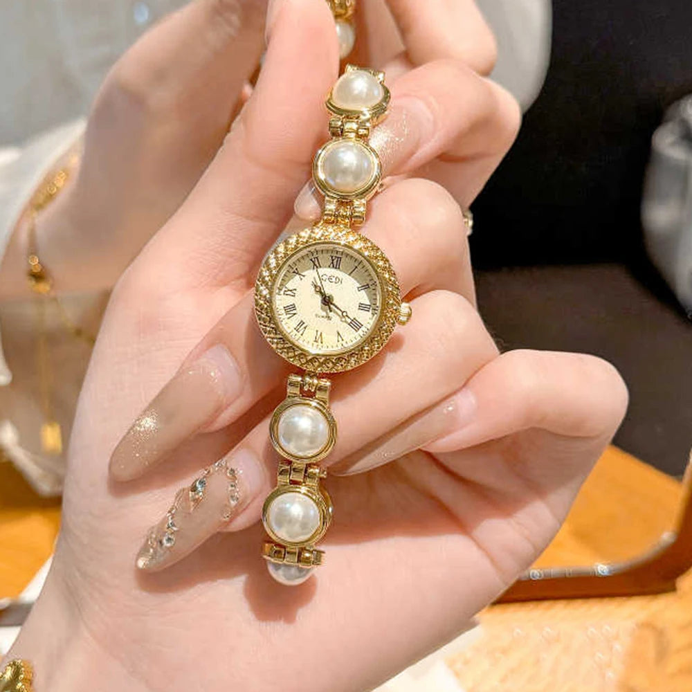 Vintage Watches Women GEDI Elegant Gold Roman Numerals Pearl Bracelet Ladies Fashion Dress Watch Girlfriend Gifts Reloj Mujer