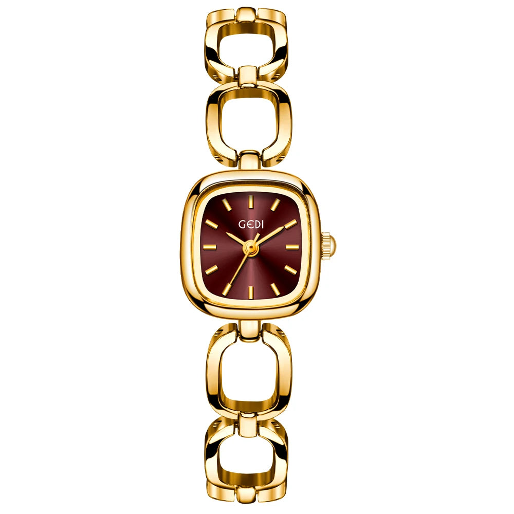 GEDI Women's Watch Elegant Square Red Dial Quartz Watches Chain Bracelet Vintage Minimalist Girls Ladies Small Wristwatch
