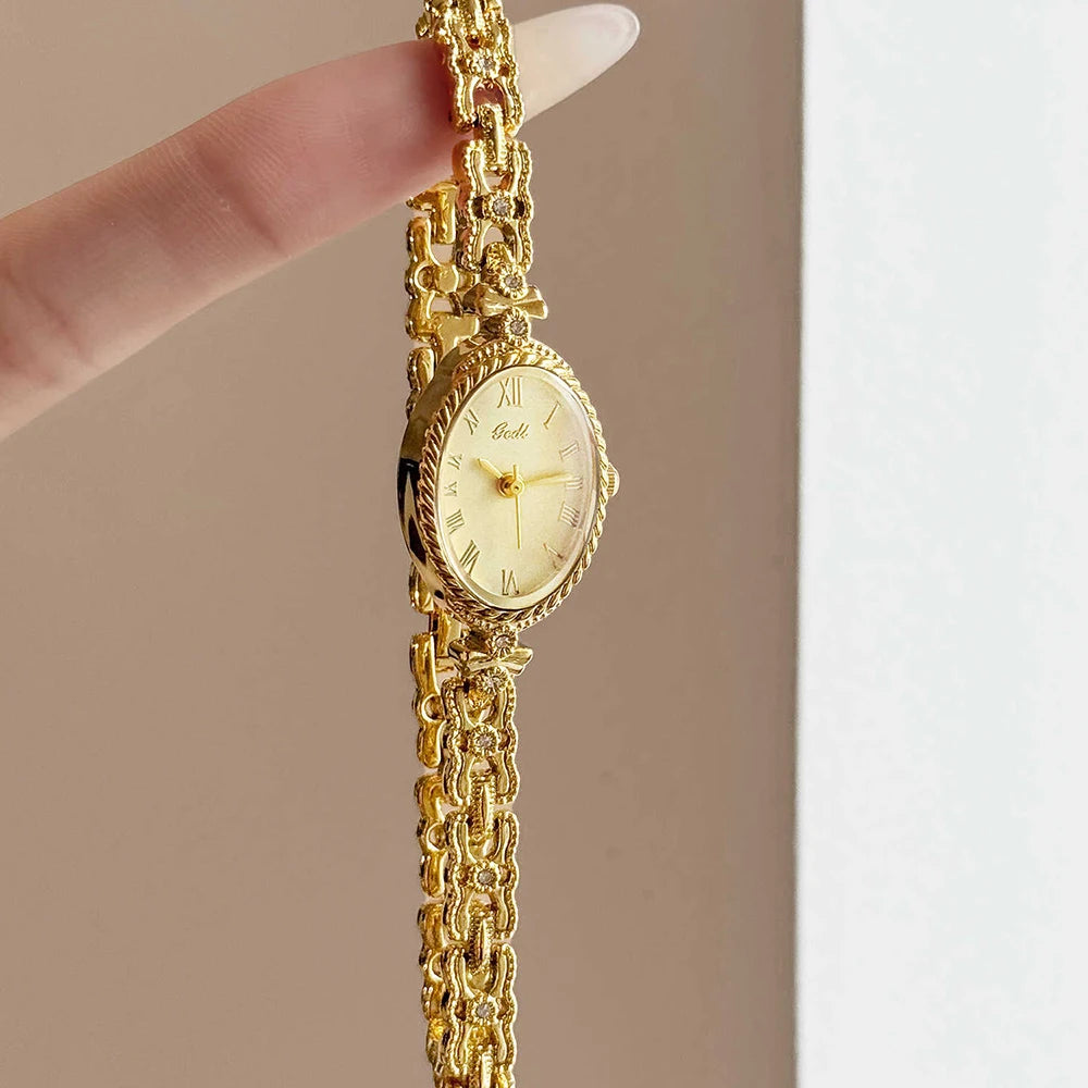 GEDI Gold Watch Elegant 2026 Wristwatches Oval Dial Exquisite Quartz Fashion Watches for Women Retro Luxury Gold Bracelet Clock