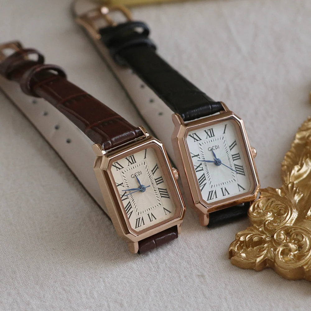 GEDI Vintage Women's Watches Elegant Retro Roman Numerals Quartz Wristwatch Leather Strap Square Ladies Watch for Daily Wear