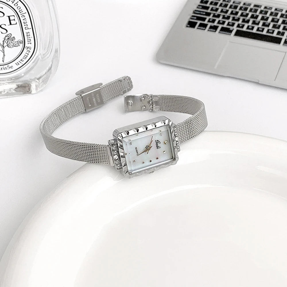 GEDI New Luxury Square Women's Watch Fashion Mother of Pearl Dial Rhinestone Ladies Watch Mesh Strap Casual Business Bracelet
