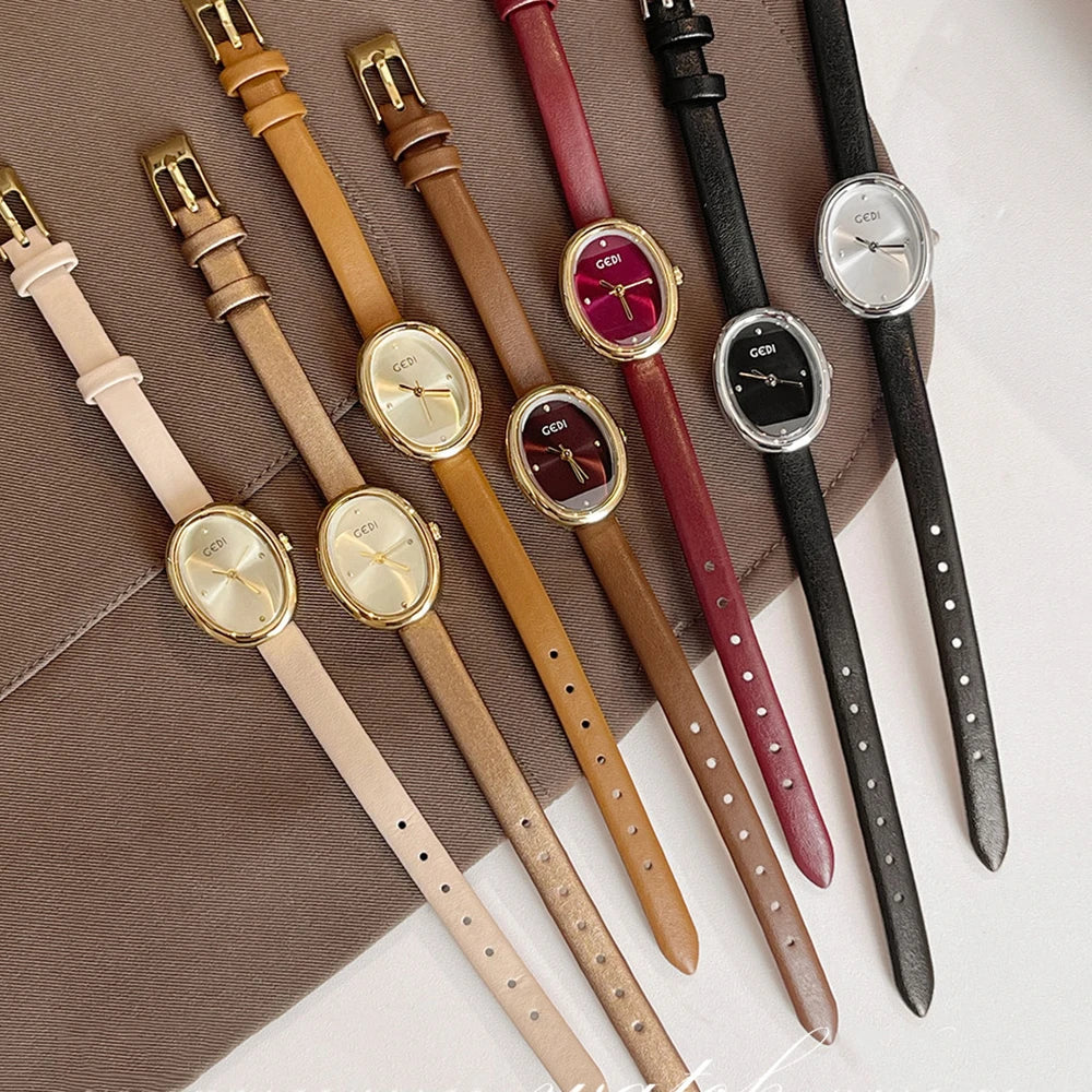 GEDI Vintage Women's Watch Oval Dial Quartz Watches For Woman Brown Leather Strap French Romantic Elegant Ladies Wristwatch