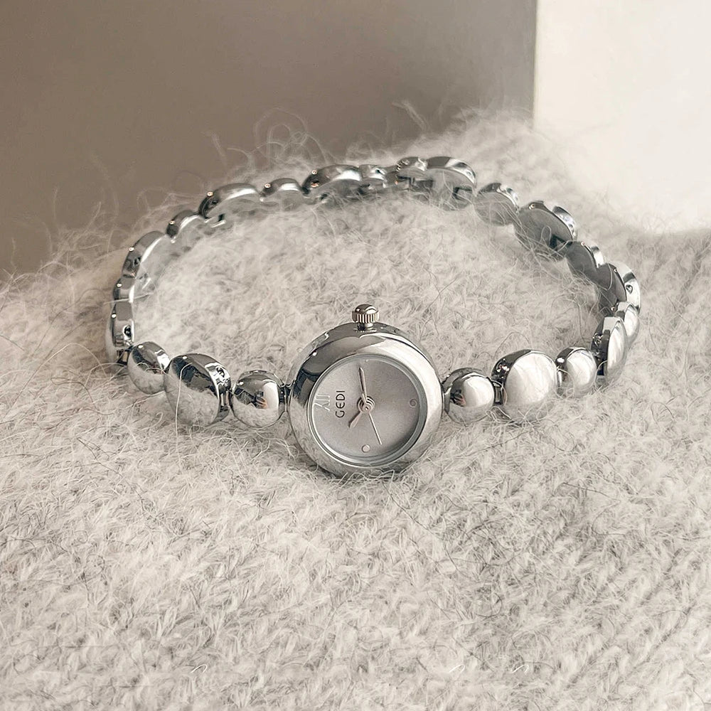 Women's Watch GEDI, Minimalist Small Round Dial Quartz Wristwatch, Silver Bracelet Clock, Ladies Watches Valentine's Day Gift