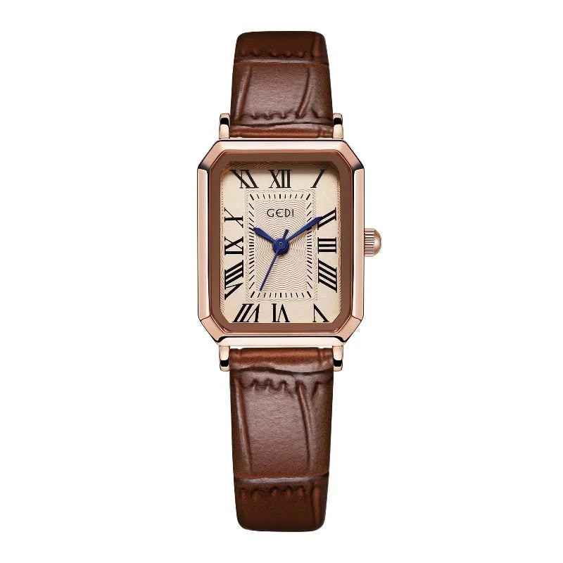 GEDI Vintage Women's Watches Elegant Retro Roman Numerals Quartz Wristwatch Leather Strap Square Ladies Watch for Daily Wear