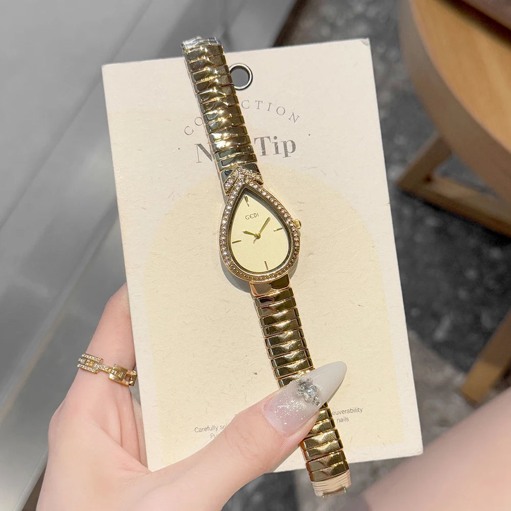 GEDI Exquisite Elegant Women's Watches Droplet-shaped Rhinestones Dial Fashion Ladies Small Quartz Watch Luxury Gold Bracelet
