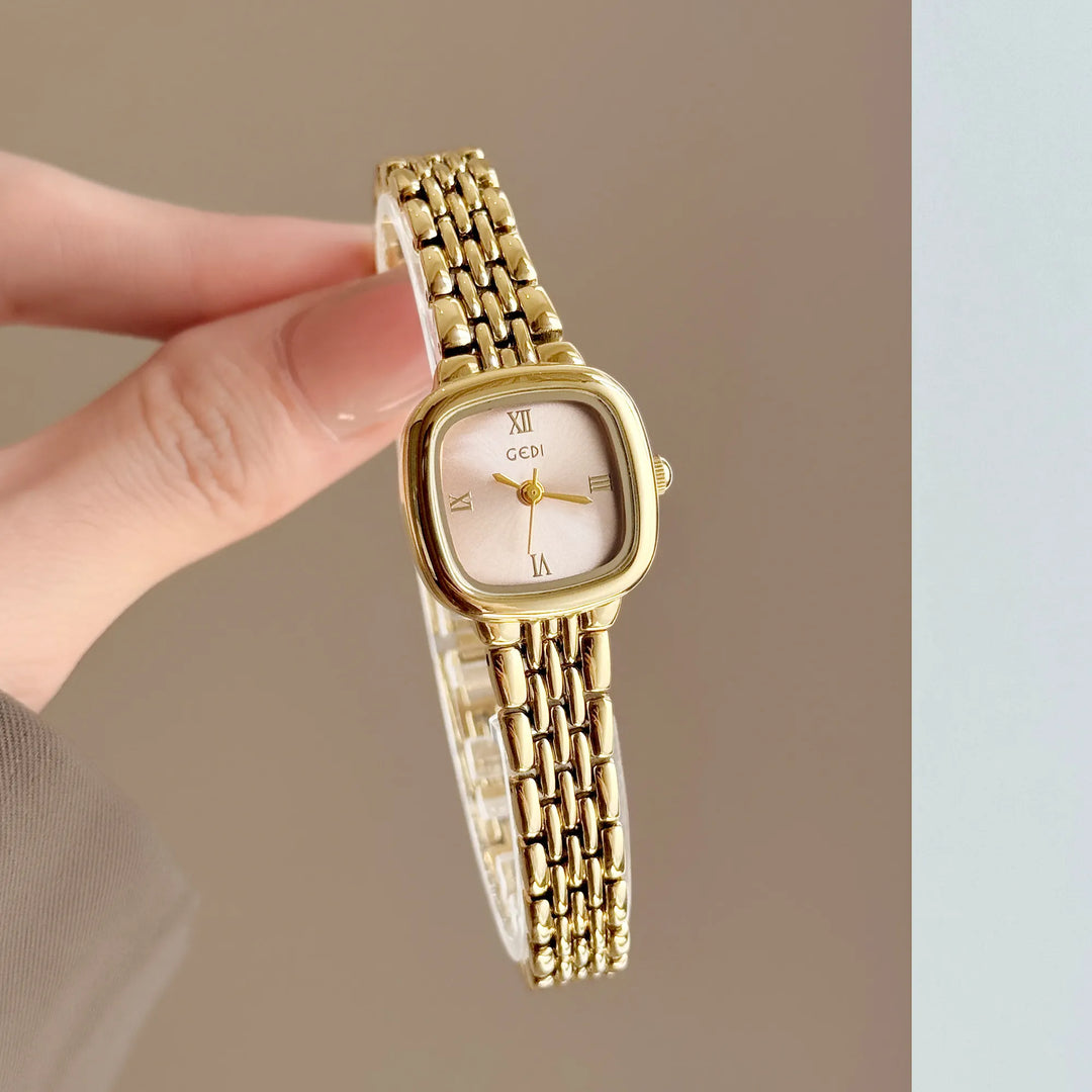 GEDI Vintage Gold Square Women Watch Elegant Small Dial Quartz Women's Wristwatch Silver Bracelet Minimalist Female Clock Gift