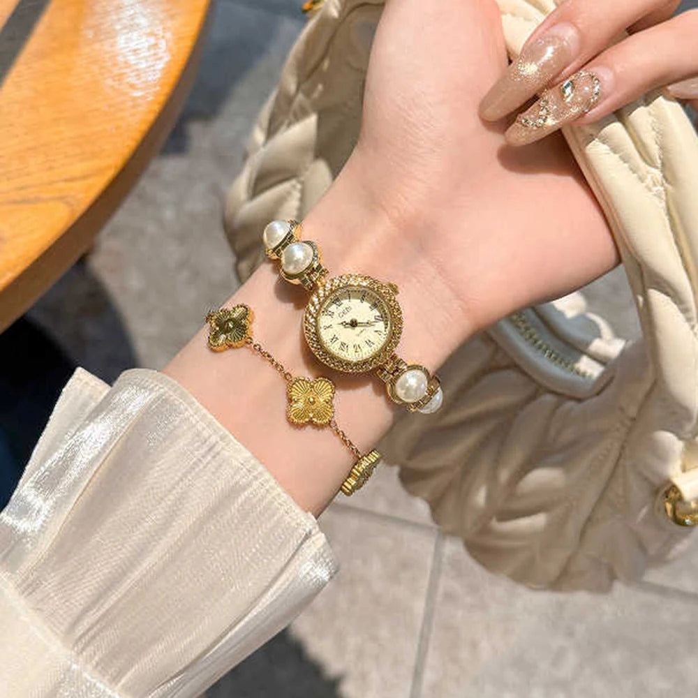 Vintage Watches Women GEDI Elegant Gold Roman Numerals Pearl Bracelet Ladies Fashion Dress Watch Girlfriend Gifts Reloj Mujer