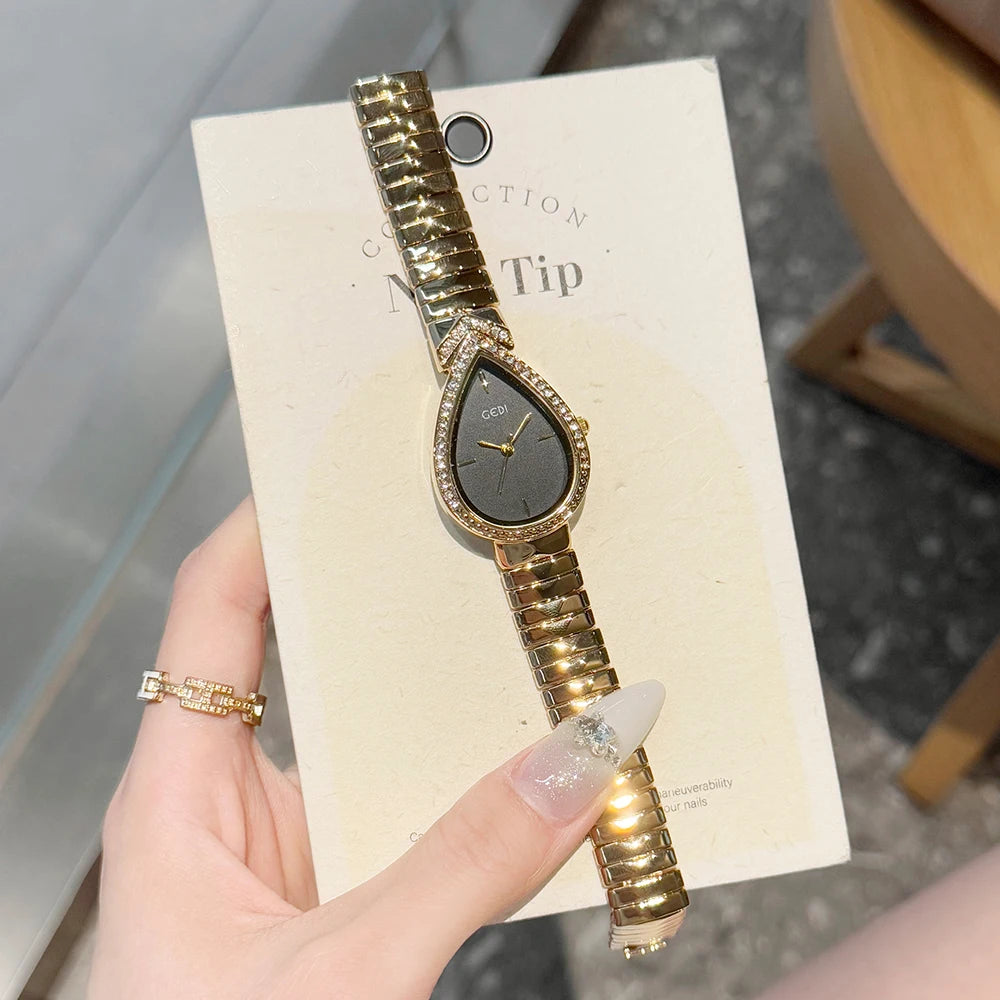 GEDI Exquisite Elegant Women's Watches Droplet-shaped Rhinestones Dial Fashion Ladies Small Quartz Watch Luxury Gold Bracelet